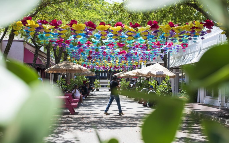 a person walking under a covered area