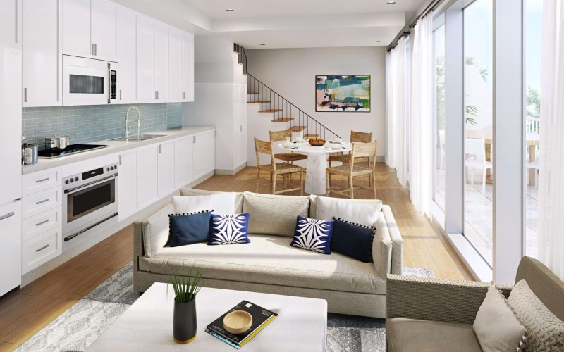 a living room with a couch and a table